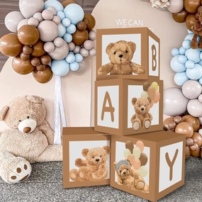 RUBFAC Baby Boxes for Baby Shower, Teddy Bear Brown Boxes for Gender Reveal Party Decorations, With Letters Blocks for Bear Party Favors