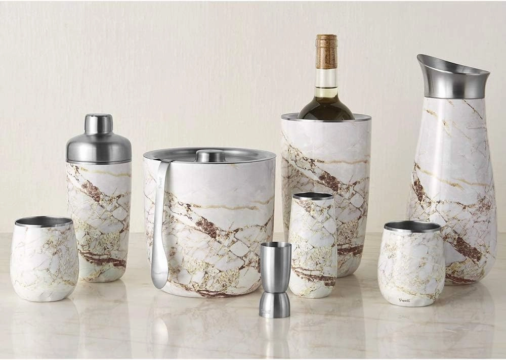 S'well Stainless Steel Shaker Set with Jigger, 18oz, Calacatta Gold, Triple Layered Vacuum Insulated Container Keeps Cocktails Colder for Longer, BPA Free Barware