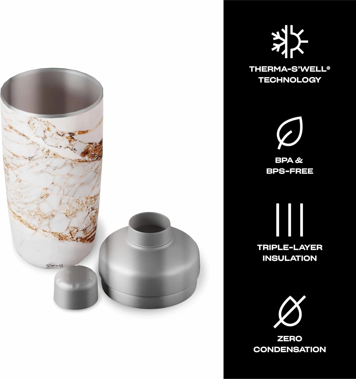 S'well Stainless Steel Shaker Set with Jigger, 18oz, Calacatta Gold, Triple Layered Vacuum Insulated Container Keeps Cocktails Colder for Longer, BPA Free Barware