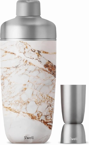 S'well Stainless Steel Shaker Set with Jigger, 18oz, Calacatta Gold, Triple Layered Vacuum Insulated Container Keeps Cocktails Colder for Longer, BPA Free Barware