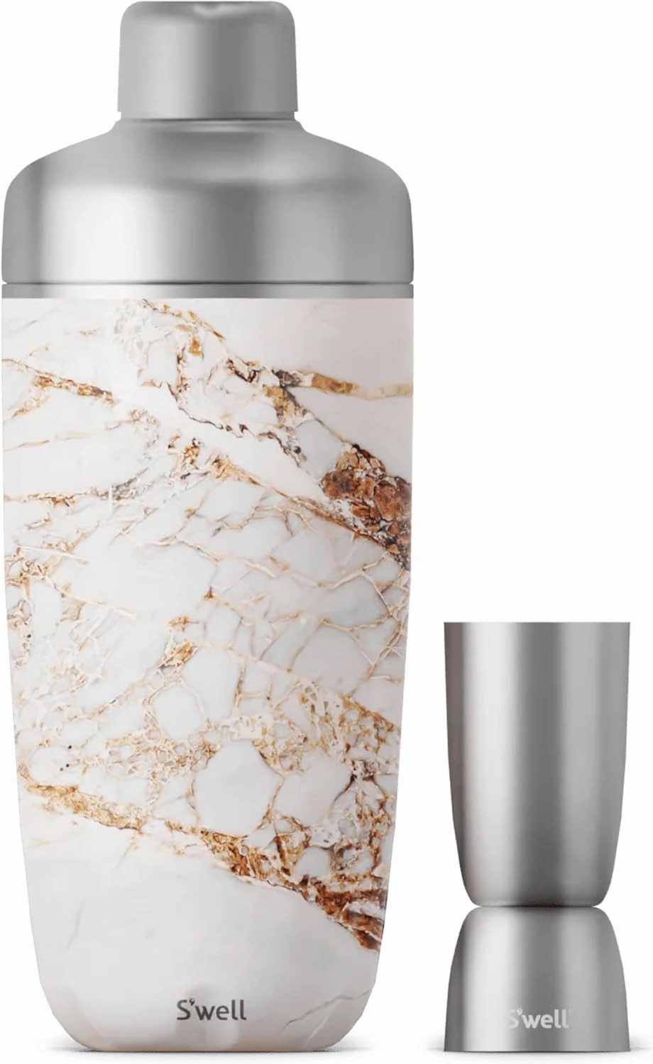 S'well Stainless Steel Shaker Set with Jigger, 18oz, Calacatta Gold, Triple Layered Vacuum Insulated Container Keeps Cocktails Colder for Longer, BPA Free Barware