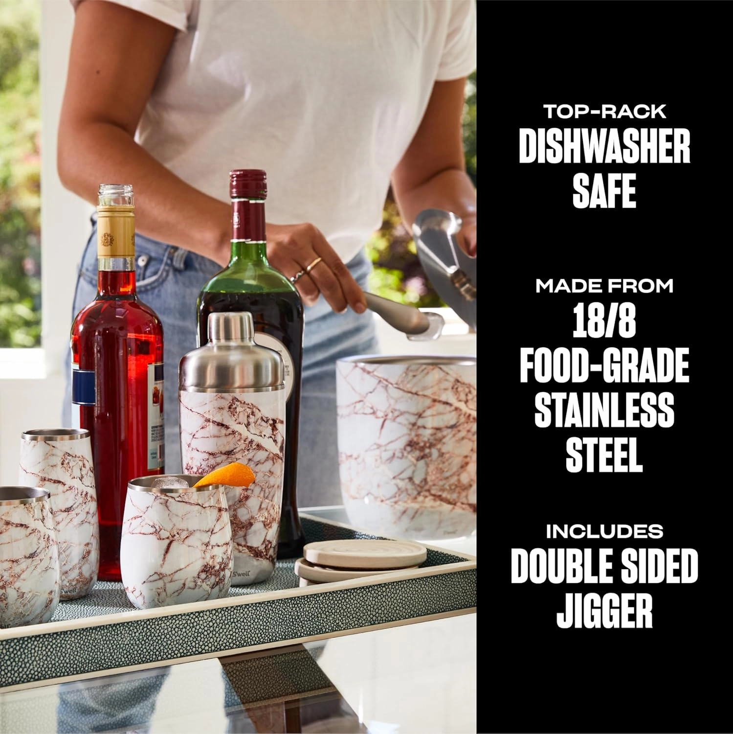 S'well Stainless Steel Shaker Set with Jigger, 18oz, Calacatta Gold, Triple Layered Vacuum Insulated Container Keeps Cocktails Colder for Longer, BPA Free Barware