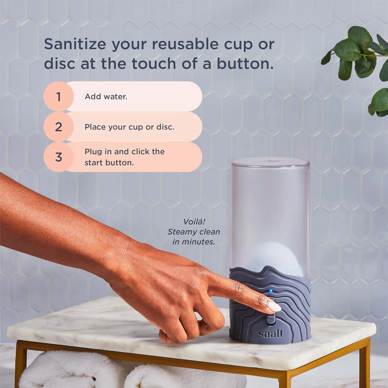 Saalt Steamer - Steam Clean Your Menstrual Cup or Menstrual Disc - Custom Designed by Experts - Automatic Timing, On/Off Switch