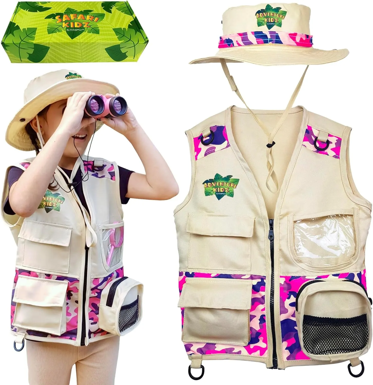 Safari Kidz Outdoor Explorer Kit - Pink Camouflage Cargo Vest and Hat Set, Backyard Nature Adventures, Washable Costume