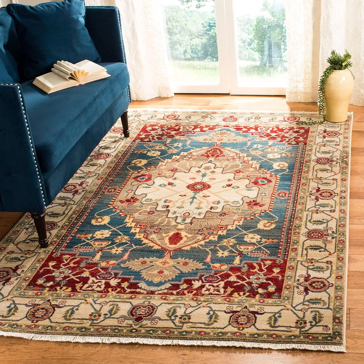 SAFAVIEH Area Rug 8x10 - Kashan Collection - Large - Ivory & Blue, Traditional Oriental Design, Non-Shedding & Easy Cleaning, Ideal for Living Room, Bedroom, Office, Dining Space (KSN306A)