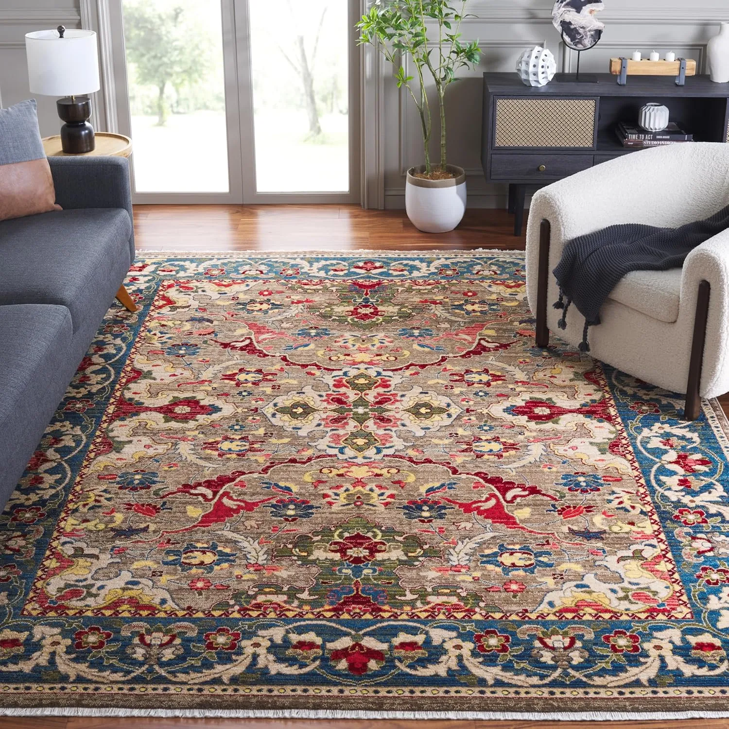 SAFAVIEH Area Rug 8x10 - Kashan Collection - Large - Taupe & Blue, Traditional Oriental Design, Non-Shedding & Easy Cleaning, Ideal for Living Room, Bedroom, Office, Dining Space (KSN307E)