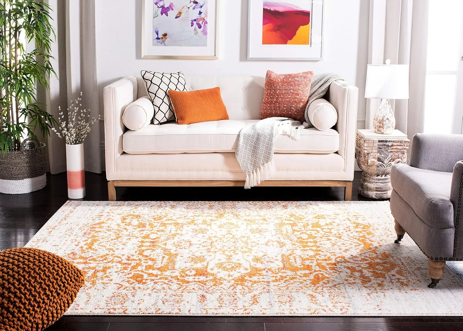 SAFAVIEH Area Rug 8x10 - Madison Collection - Large - Orange & Ivory, Snowflake Medallion Distressed Design, Non-Shedding & Easy Cleaning, Ideal for Living Room, Bedroom, Office, Dining (MAD603P)