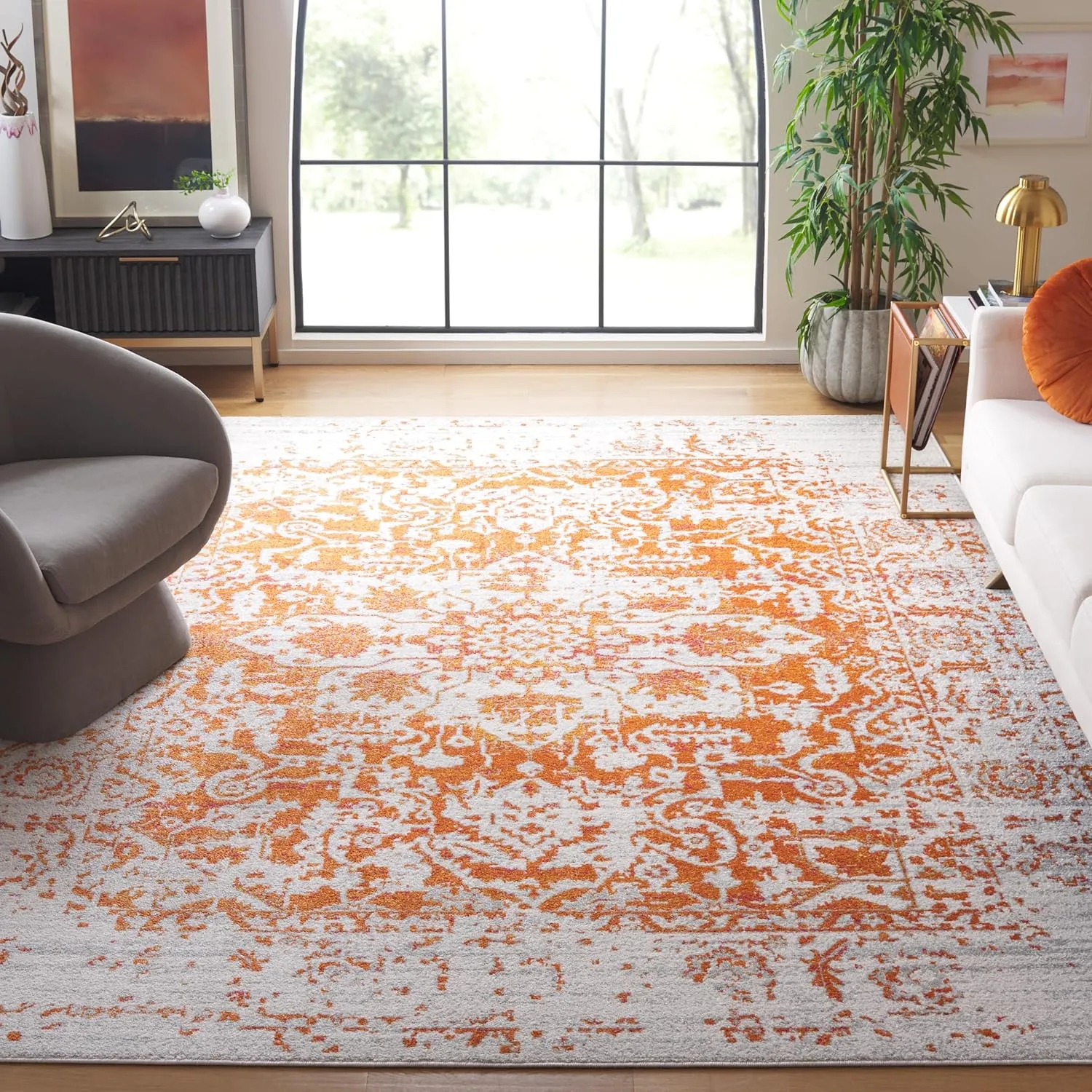 SAFAVIEH Area Rug 8x10 - Madison Collection - Large - Orange & Ivory, Snowflake Medallion Distressed Design, Non-Shedding & Easy Cleaning, Ideal for Living Room, Bedroom, Office, Dining (MAD603P)