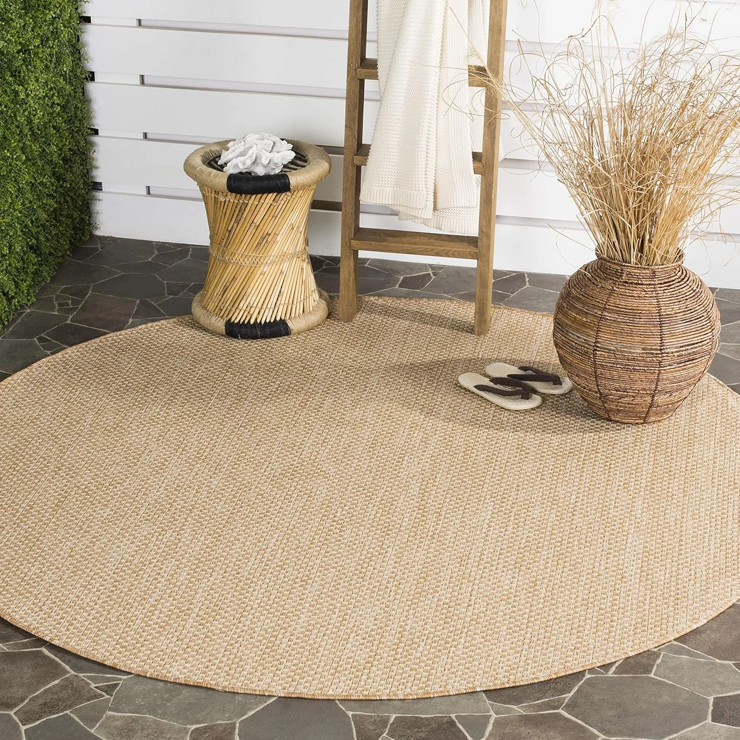SAFAVIEH Courtyard Collection 7'1" Round Natural/Cream CY8521 Indoor/ Outside Waterproof Easy cleansingPatio Backyard Mudroom Area Mat