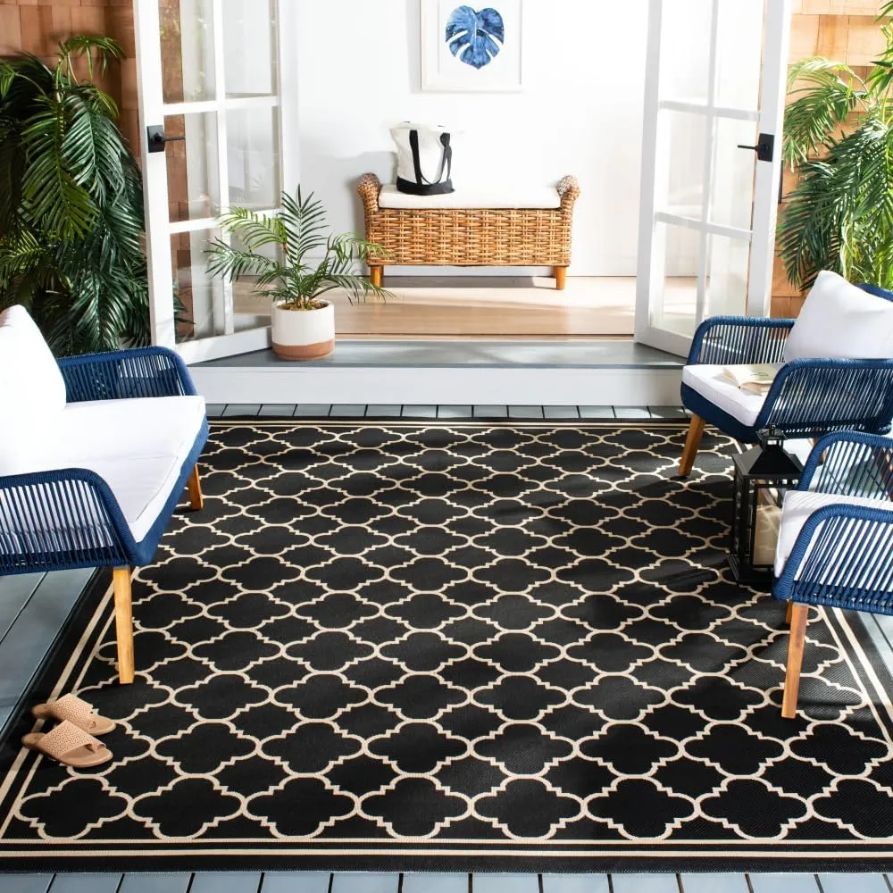 SAFAVIEH Courtyard Collection Area Rug - 8' x 11', Black & Beige, Trellis Design, Non-Shedding & Easy Care, Indoor/Outdoor & Washable-Ideal for Patio, Backyard, Mudroom (CY6918-226)
