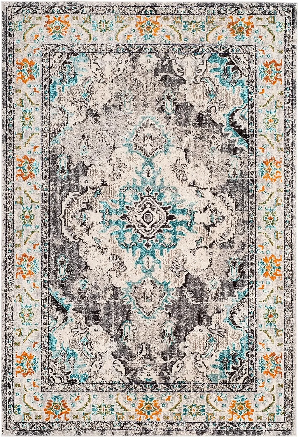 SAFAVIEH Monaco Collection Area Rug - 8' x 10', Grey & Light Blue, Boho Chic Medallion Distressed Design, Non-Shedding & Easy Care, Ideal for High Traffic Areas in Living Room, Bedroom (MNC243G)