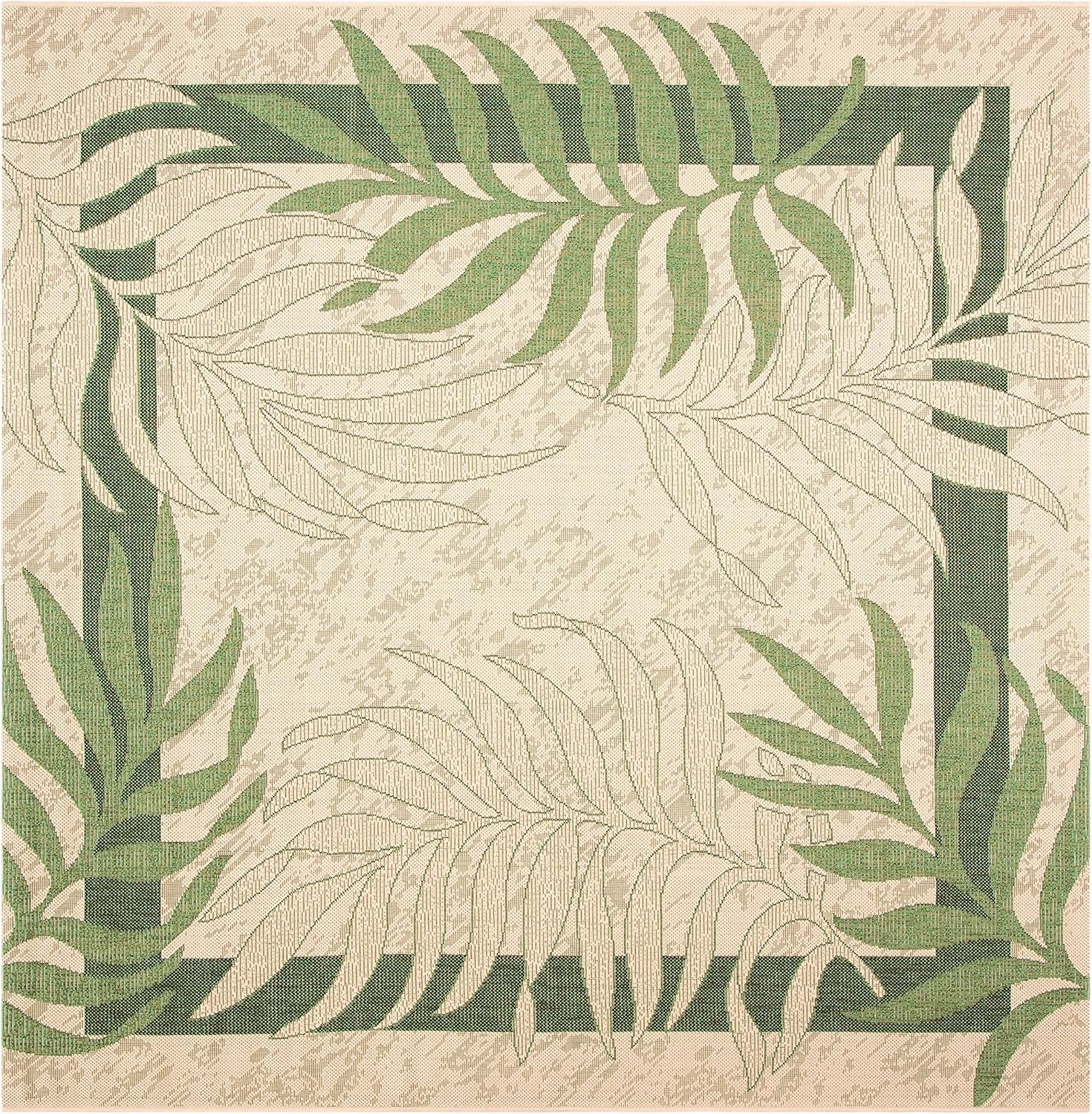 SAFAVIEH Courtyard Collection Area Rug - 6'7" Square, Cream & Green, Non-Shedding & Easy Care, Indoor/Outdoor & Washable-Ideal for Patio, Backyard, Mudroom (CY7836-14A5)