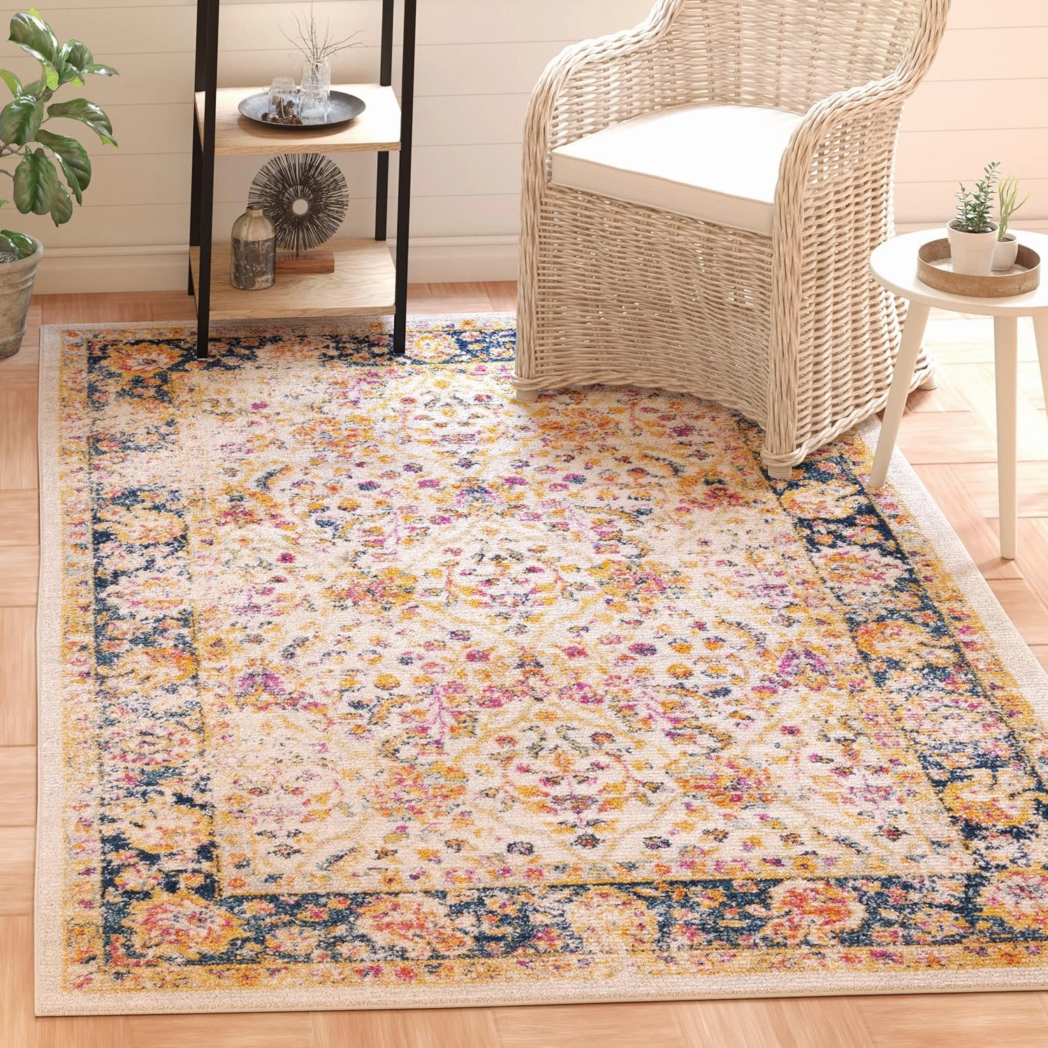 SAFAVIEH Madison Collection 9' x 12' Cream Navy MAD609D Oriental Boho Chic Distressed Non-Shedding Living Room Bedroom Dining Home Office Area Rug