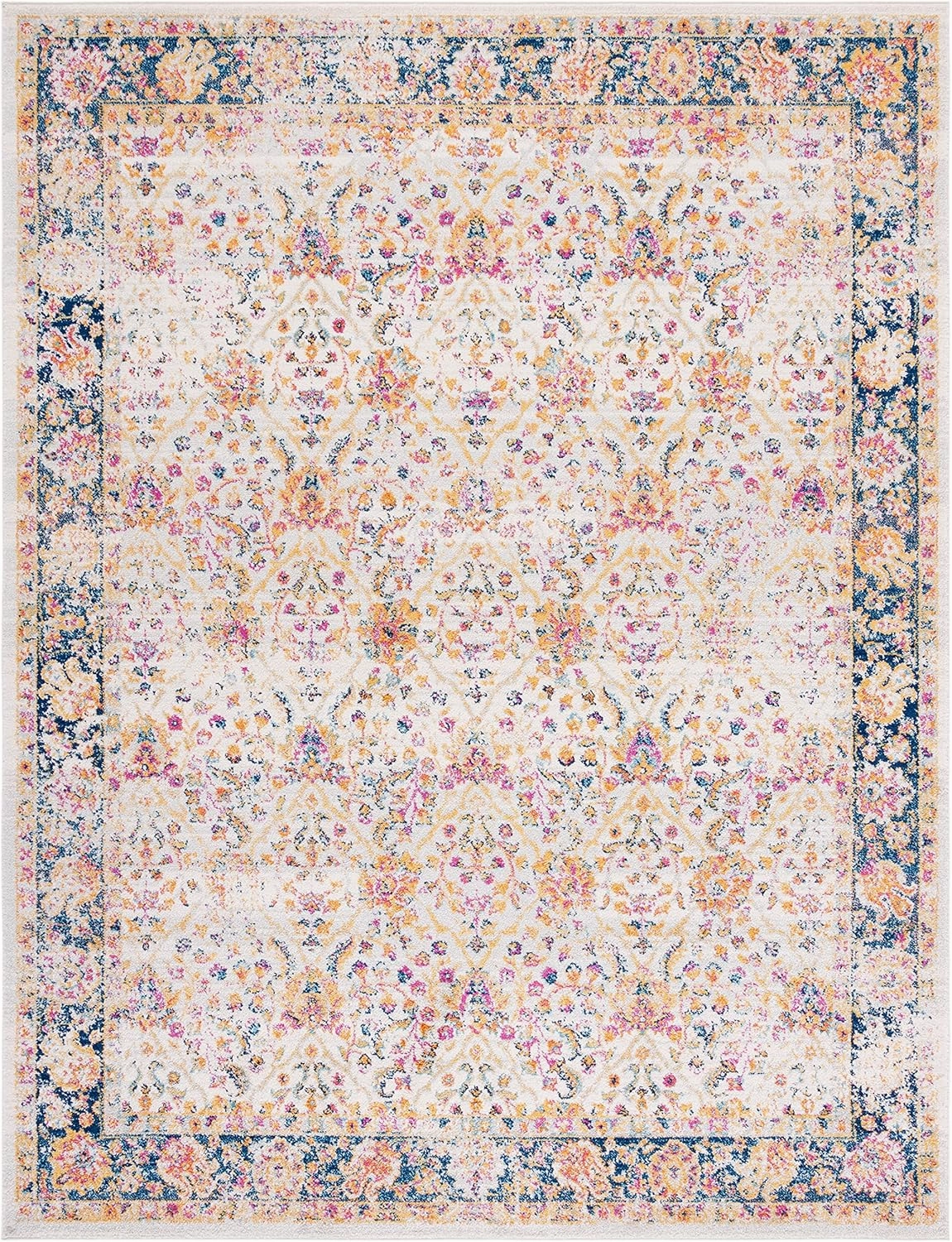 SAFAVIEH Madison Collection 9' x 12' Cream Navy MAD609D Oriental Boho Chic Distressed Non-Shedding Living Room Bedroom Dining Home Office Area Rug