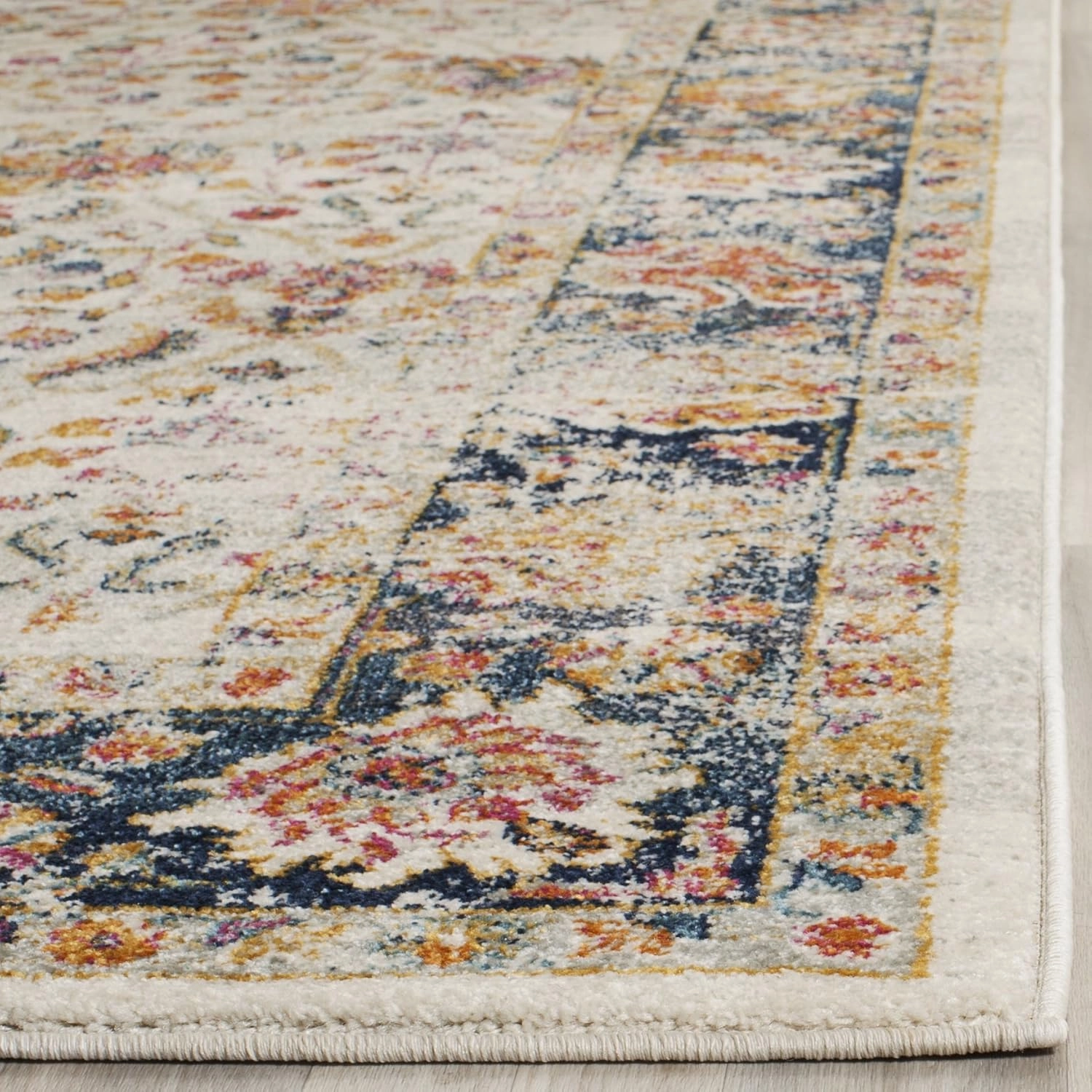 SAFAVIEH Madison Collection 9' x 12' Cream Navy MAD609D Oriental Boho Chic Distressed Non-Shedding Living Room Bedroom Dining Home Office Area Rug