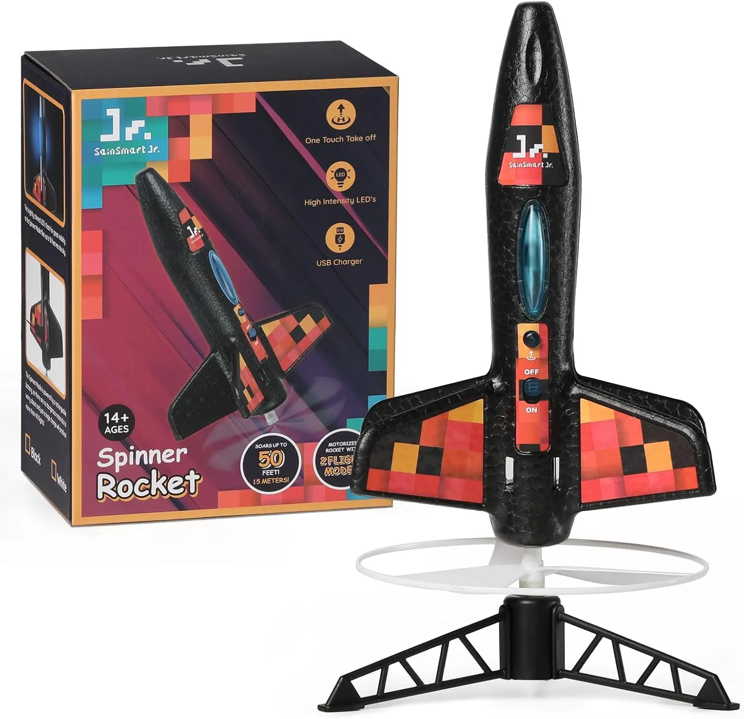 SainSmart Jr. Rocket Launcher for Kids, Motorized Air Rocket Outdoor Toy with LED Light, Self-Launching Rockets Kit, Gift for Boys and Girls (Black)