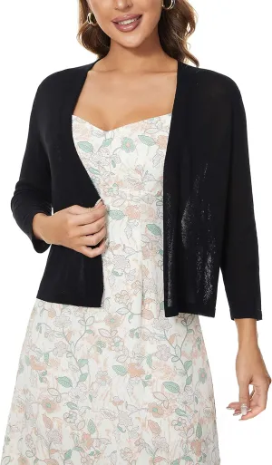 Satuun Women's 3/4 Sleeve Bolero Shrugs Lightweight Open Front Cropped Cardigan Sweaters