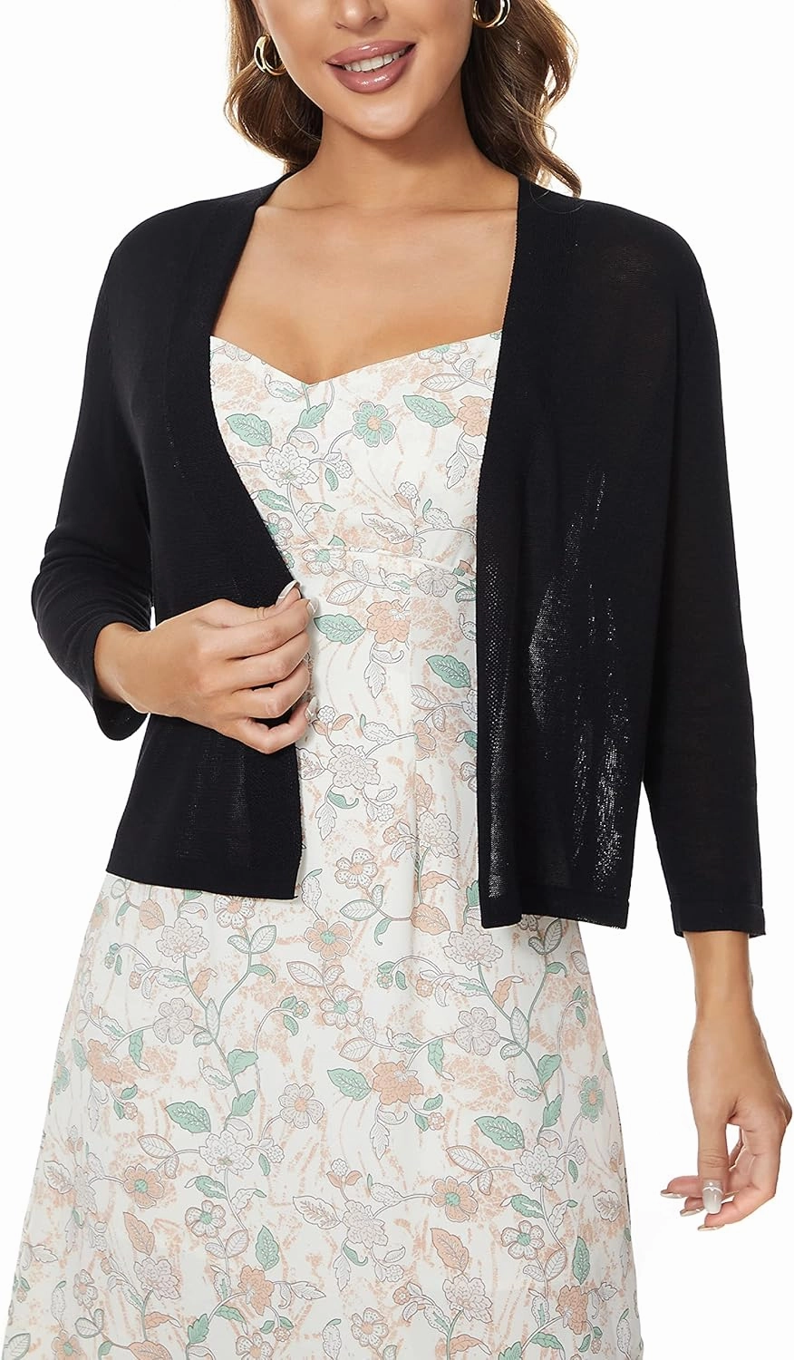 Satuun Women's 3/4 Sleeve Bolero Shrugs Lightweight Open Front Cropped Cardigan Sweaters