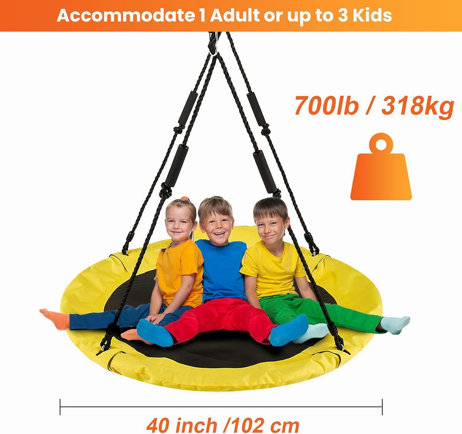 Saucer Tree Swing for Kids, LITTLELOGIQ 40 Inch Outdoor Swing Sets for Backyard, Round Flying Swing with 2 Hanging Straps, 700lb Capacity, Adjustable Ropes, Easy Setup, for Adults & Kids - Yellow