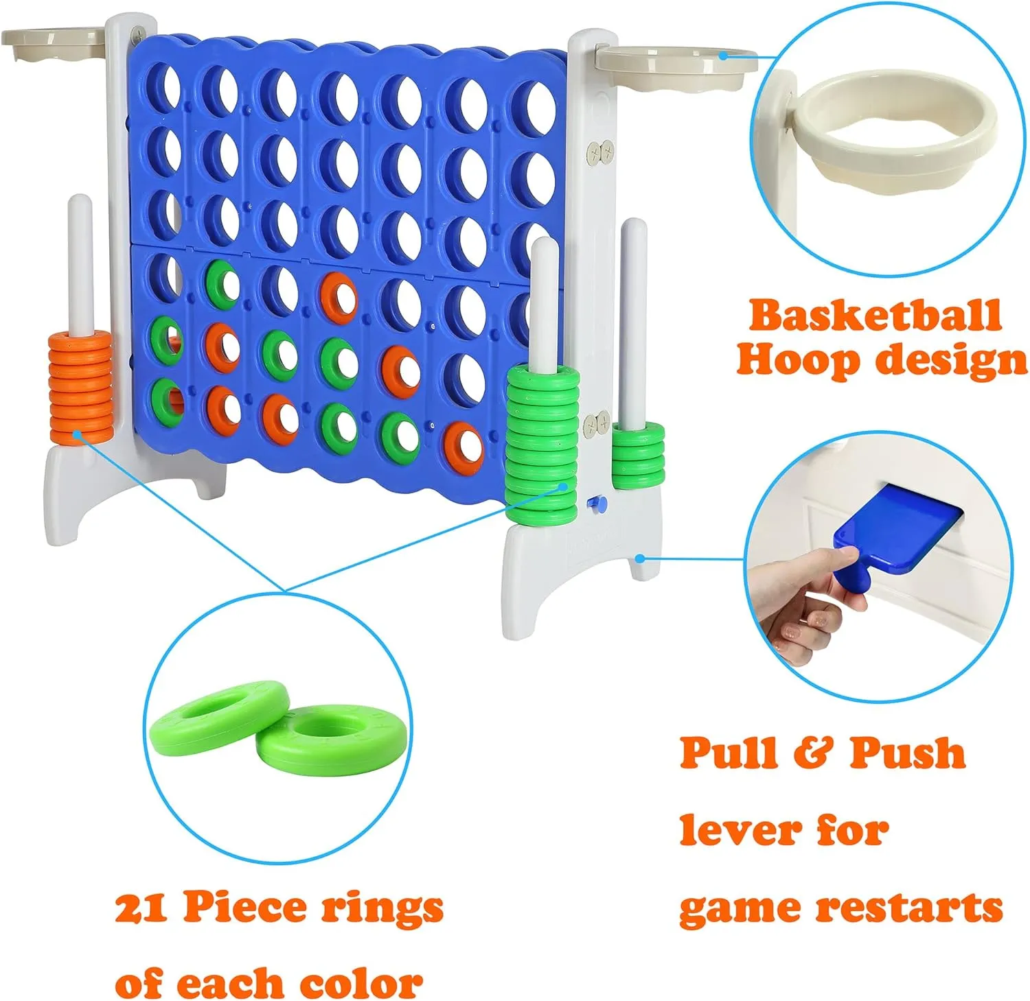 SDADI Giant 33 Inch 4-in-A-Row Hoop Connect Strategy Game and Basketball Indoor/Outdoor Family Fun Board for Toddlers, Kids, Adults, Gray and Blue