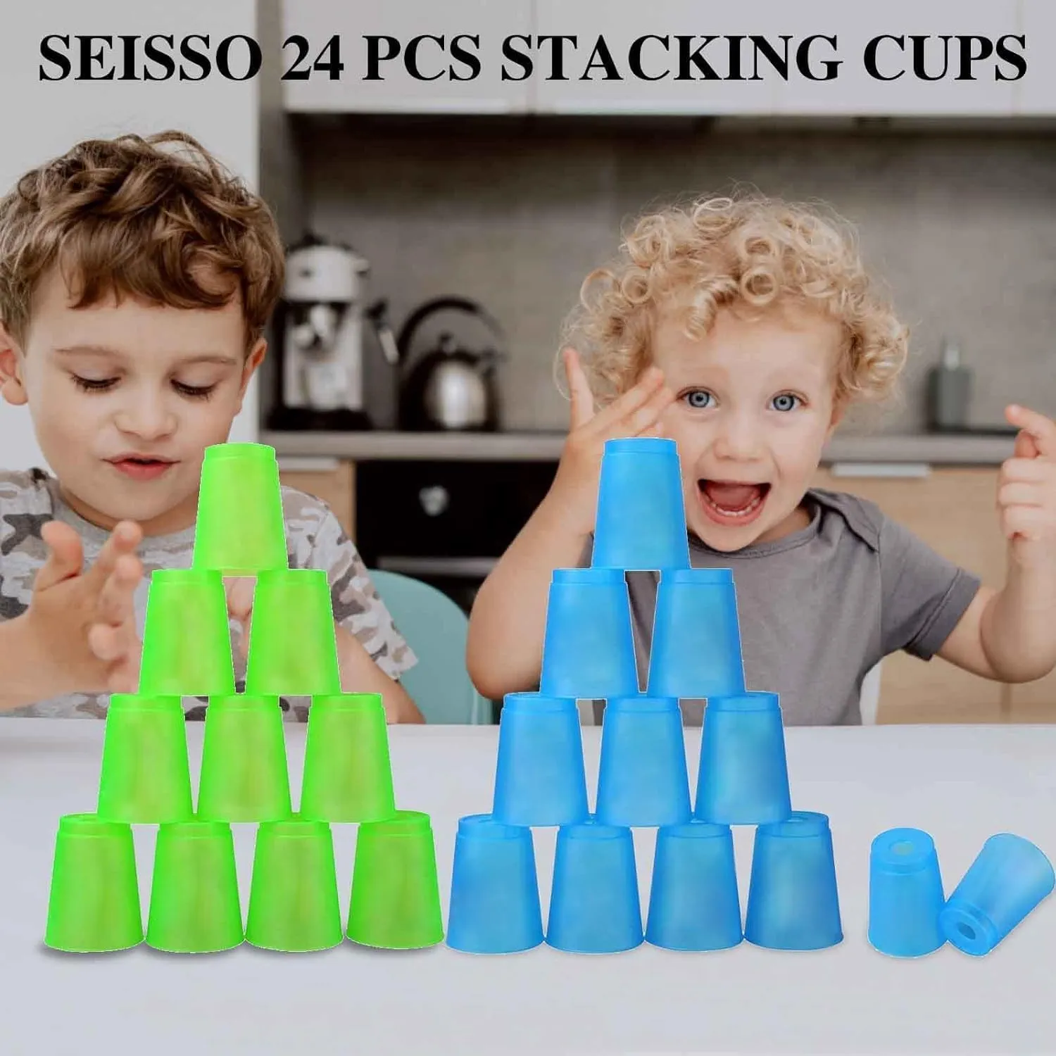 SEISSO Stack Cups, Stacking Cup Set Classic Stack Training Game Toys for Boys Girls Kids Stacking Cups with Carry Bag (12 Pack Blue)