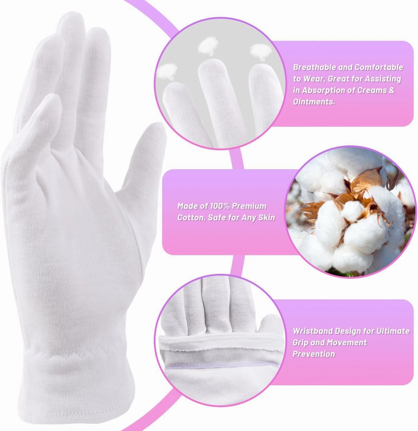 Selizo 12 Pairs 100% White Cotton Gloves for Eczema, Moisturizing Gloves for Dry Hands Overnight Women, Moisture Sleeping Spa Lotion Hand Cream Gloves for Eczema Dry Cracked Hands Sensitive Skin