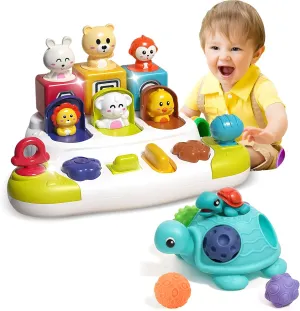 Sensory Balls Montessori Toys for Babies 6-12 Months and Pop Up Toy, Sensory Toys Pop Up Animals Toy for Babies Montessori Toys for 2 Year Old