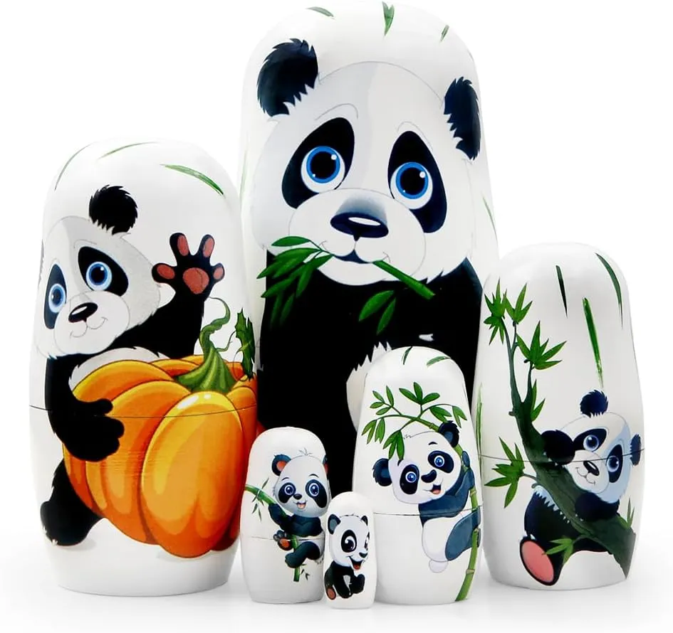 Set of 6 Panda Family Nesting Dolls Black and White Panda with Bamboo Wooden Russian Doll Lovely Animal Matryoshka Dolls Stacking Dolls for Kids Boys Girls Christmas Birthday Toy Gift