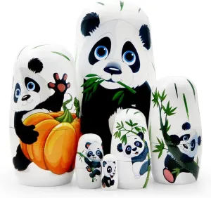 Set of 6 Panda Family Nesting Dolls Black and White Panda with Bamboo Wooden Russian Doll Lovely Animal Matryoshka Dolls Stacking Dolls for Kids Boys Girls Christmas Birthday Toy Gift