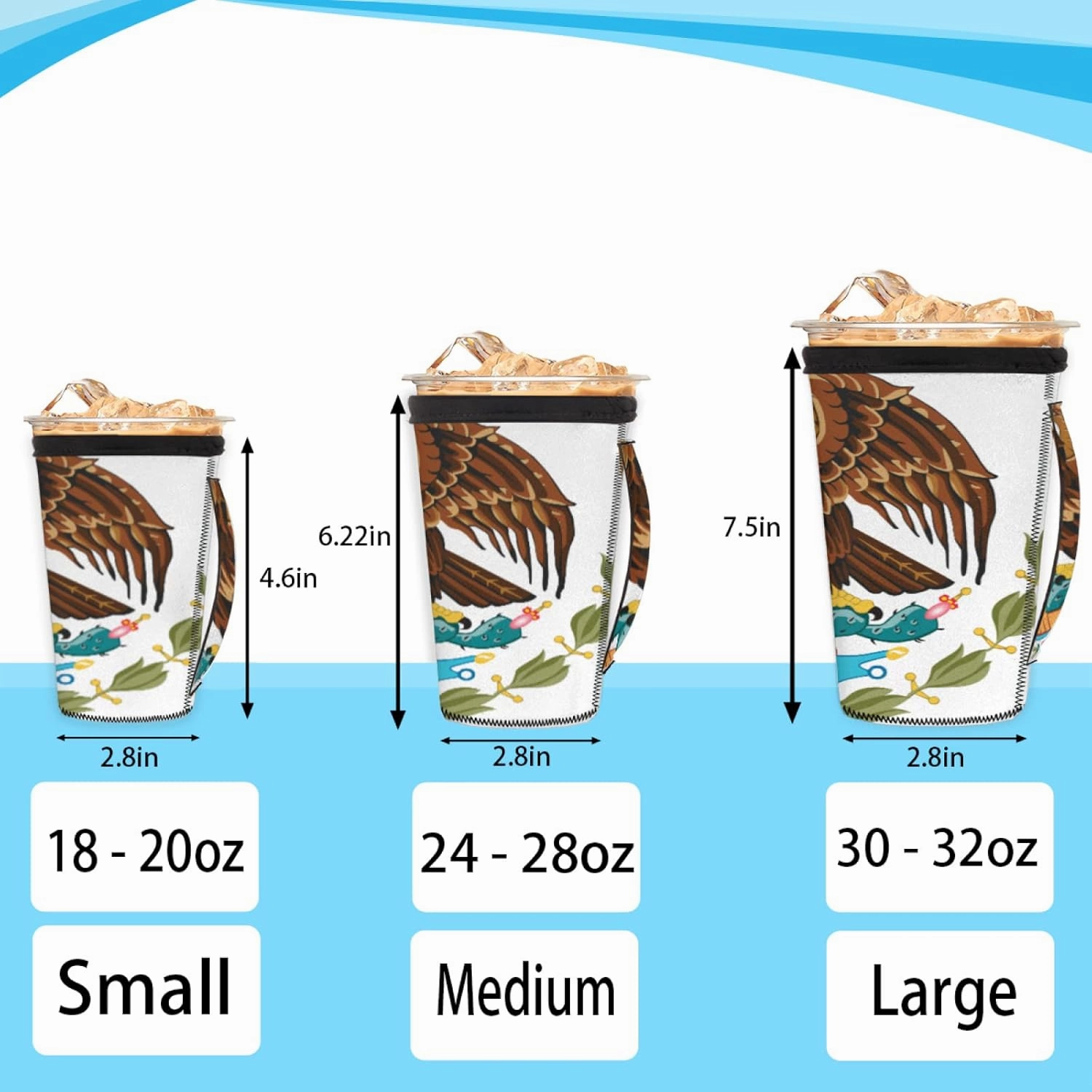 Set of 3 Packs Reusable Hot and Iced Coffee Cup Sleeve The Mighty Eagle is Catching Food Neoprene Tumbler Sleeve Cartoon Eagle (16,24,32oz)