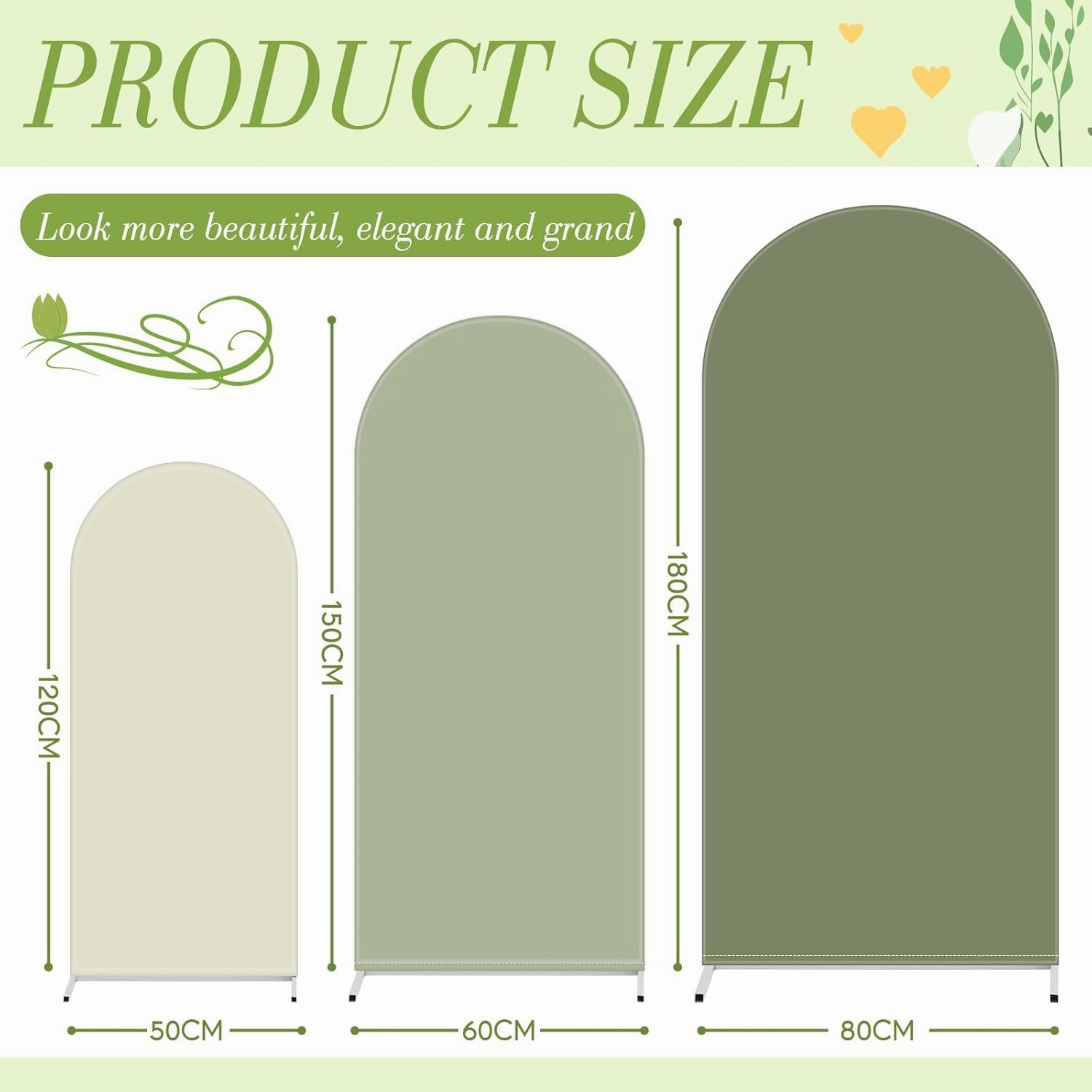 Set of 3 Wedding Arch Cover 4/5/6 ft Fabric Arch Backdrop Cover Double Sided Fitted Spandex for Baby Shower Birthday Party Decoration, Frame Not Included(Green Series)