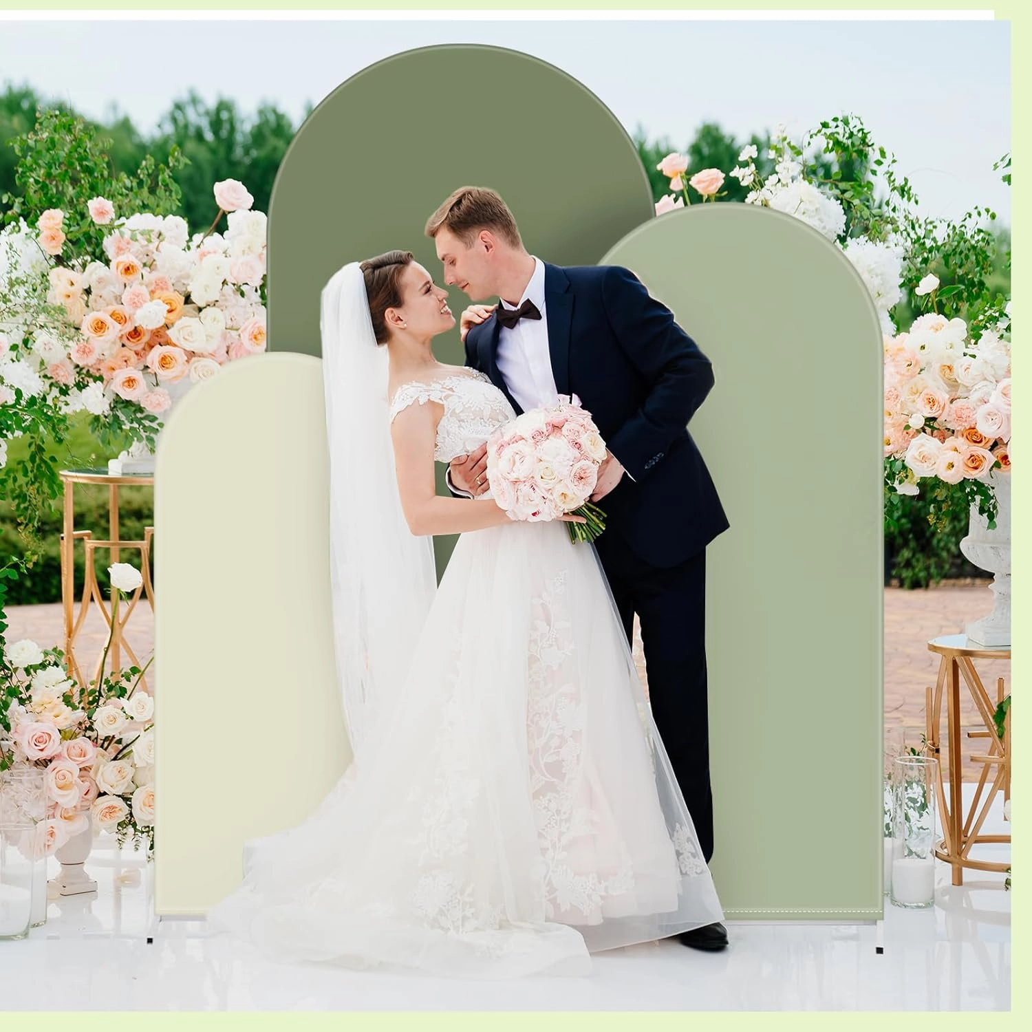 Set of 3 Wedding Arch Cover 4/5/6 ft Fabric Arch Backdrop Cover Double Sided Fitted Spandex for Baby Shower Birthday Party Decoration, Frame Not Included(Green Series)