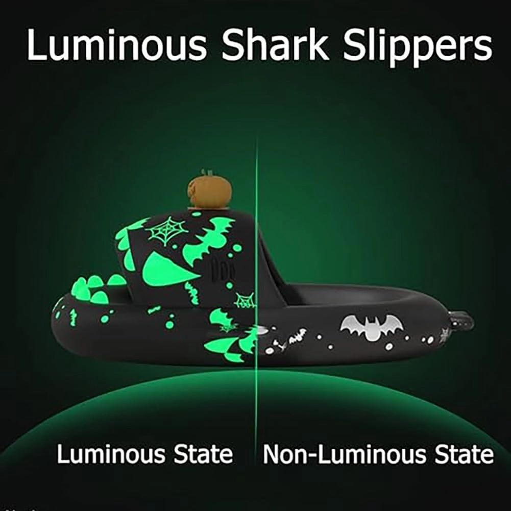 Shark Slides Unisex, Novelty Cloud Shark Slippers Anti-Slip Quick Drying, Spooky Shark Slippers Halloween Glow in the Dark