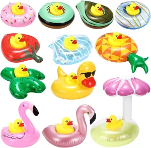 ShinyRelief 12 Sets Inflatable Drink Holders Inflatable Cup Pool Floats Coasters with Yellow Rubber Ducks for Swimming Pool Party