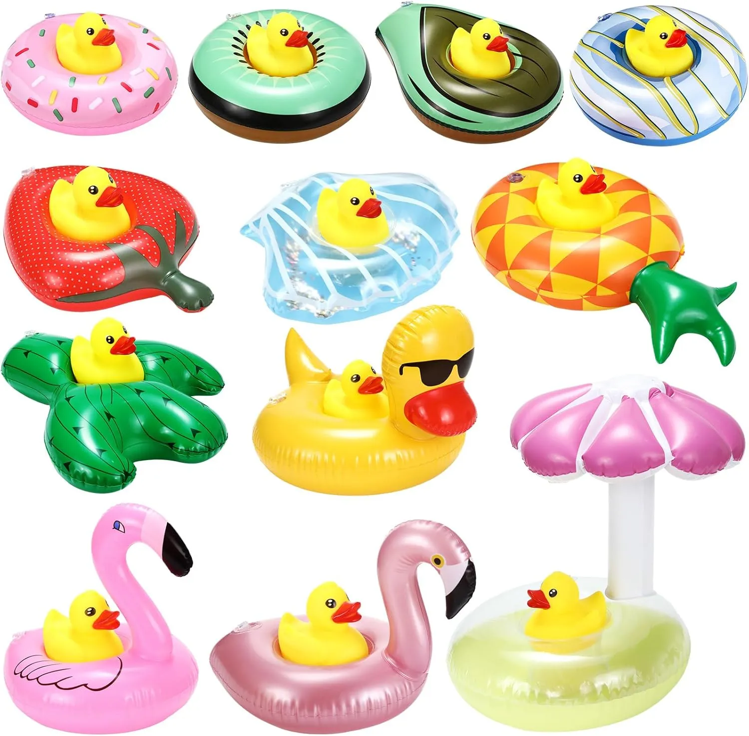 ShinyRelief 12 Sets Inflatable Drink Holders Inflatable Cup Pool Floats Coasters with Yellow Rubber Ducks for Swimming Pool Party