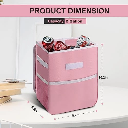 Simple Deluxe 2 Pack Car Trash Can with Lid, Leak-Proof Car Garbage Can with Storage Pockets, Collapsible Multipurpose Car Trash Bag for Car Accessories, 2 Gallon, Pink
