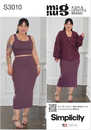 Simplicity SS3010K5 Misses' Slouch Fit Knit Cardigan, Racerback Tank Top and Skirt Sewing Pattern Packet by Mimi G Style, Design Code S3010, Sizes 8-10-12-14-16, Multicolor