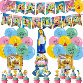 Simpsons Themed Birthday Party Pack - Includes Banner, Cake Topper, 12 Cupcake Toppers, 20 Balloons, 3 Simpsons Foil Balloons - Pink, Blue, Green, Yellow