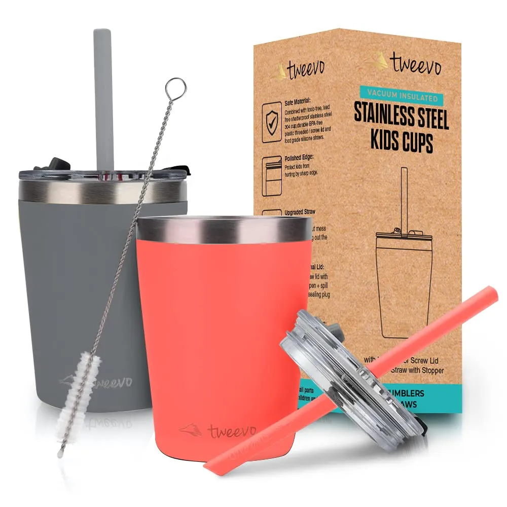 Sippy Cups For Toddlers 1-3 - Toddler Cups w/Screw Lids - Stainless Steel Kids Cups With Straws and Lids - 2 Pack (Gray & Coral, 8.5oz)