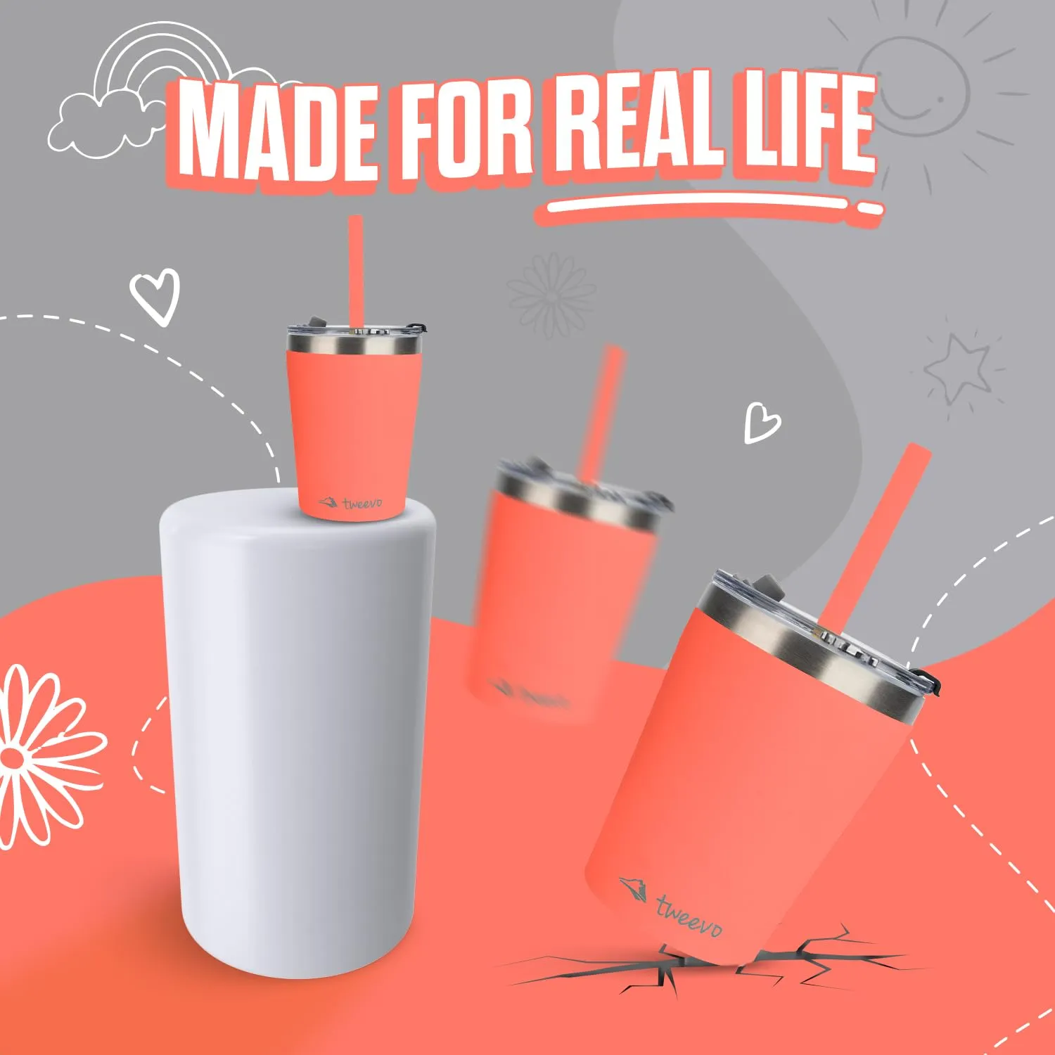 Sippy Cups For Toddlers 1-3 - Toddler Cups w/Screw Lids - Stainless Steel Kids Cups With Straws and Lids - 2 Pack (Gray & Coral, 8.5oz)
