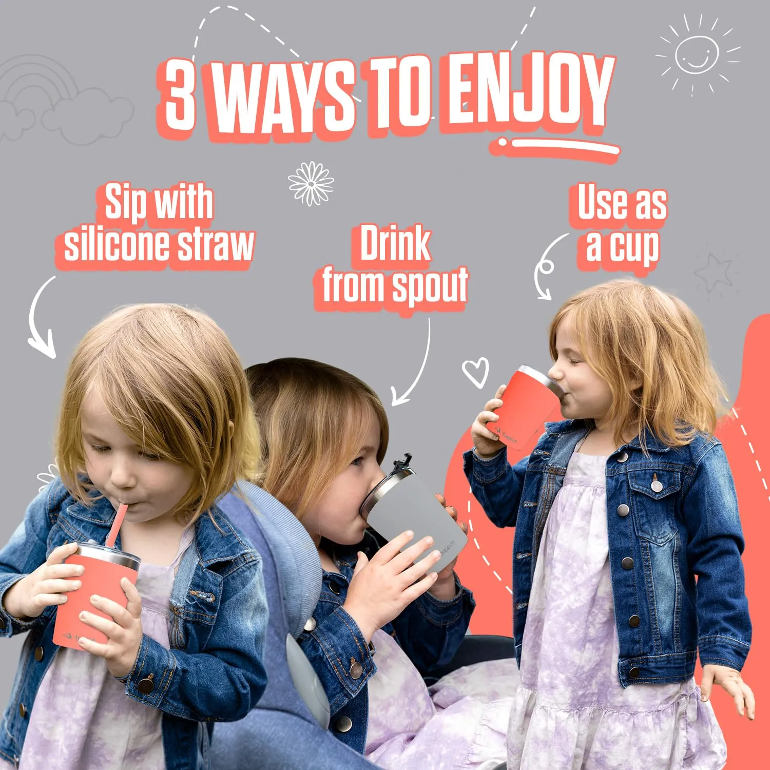 Sippy Cups For Toddlers 1-3 - Toddler Cups w/Screw Lids - Stainless Steel Kids Cups With Straws and Lids - 2 Pack (Gray & Coral, 8.5oz)