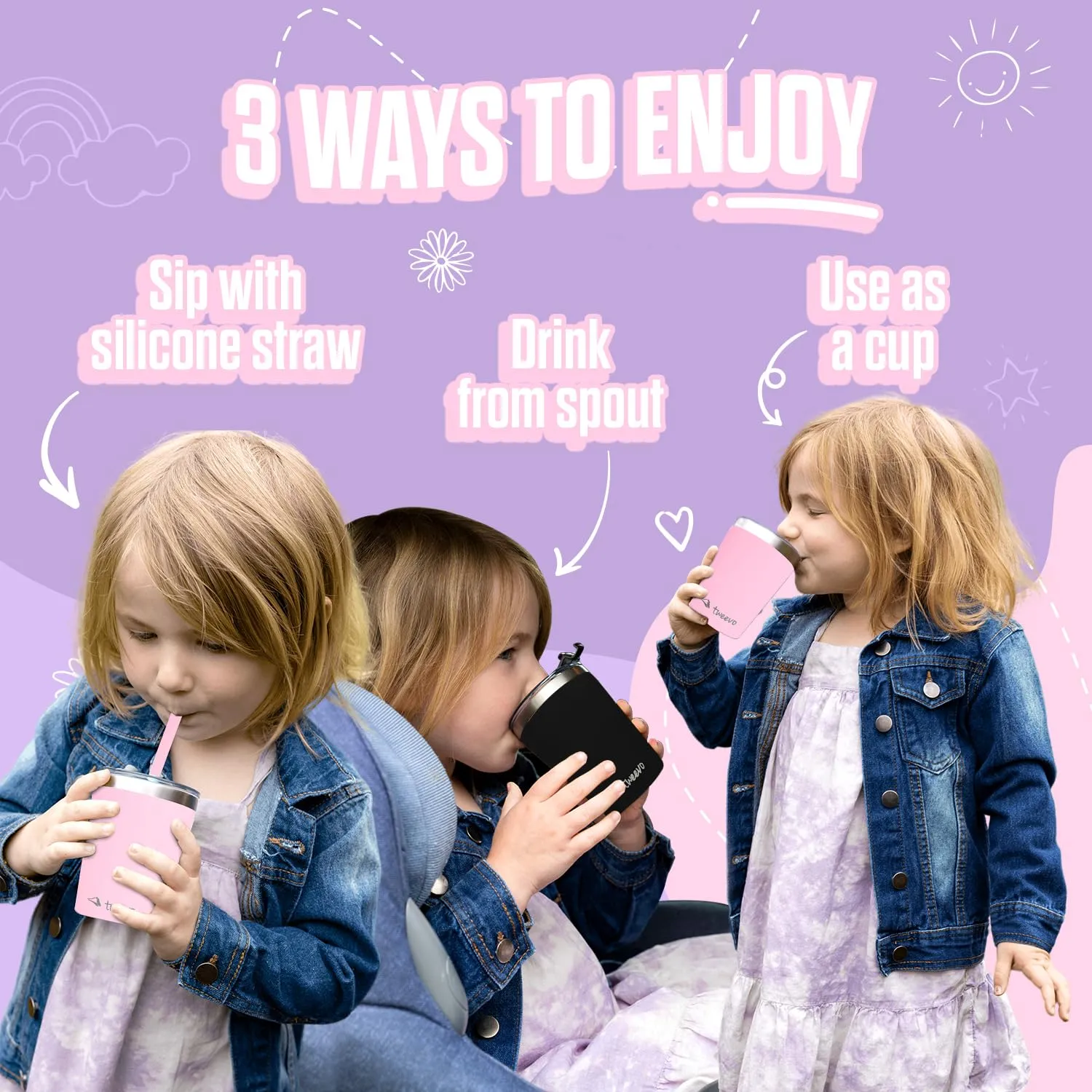 Sippy Cups For Toddlers 1-3 - Toddler Cups w/Screw Lids - Stainless Steel Kids Cups With Straws and Lids - 2 Pack (Pink & Purple, 8.5oz)