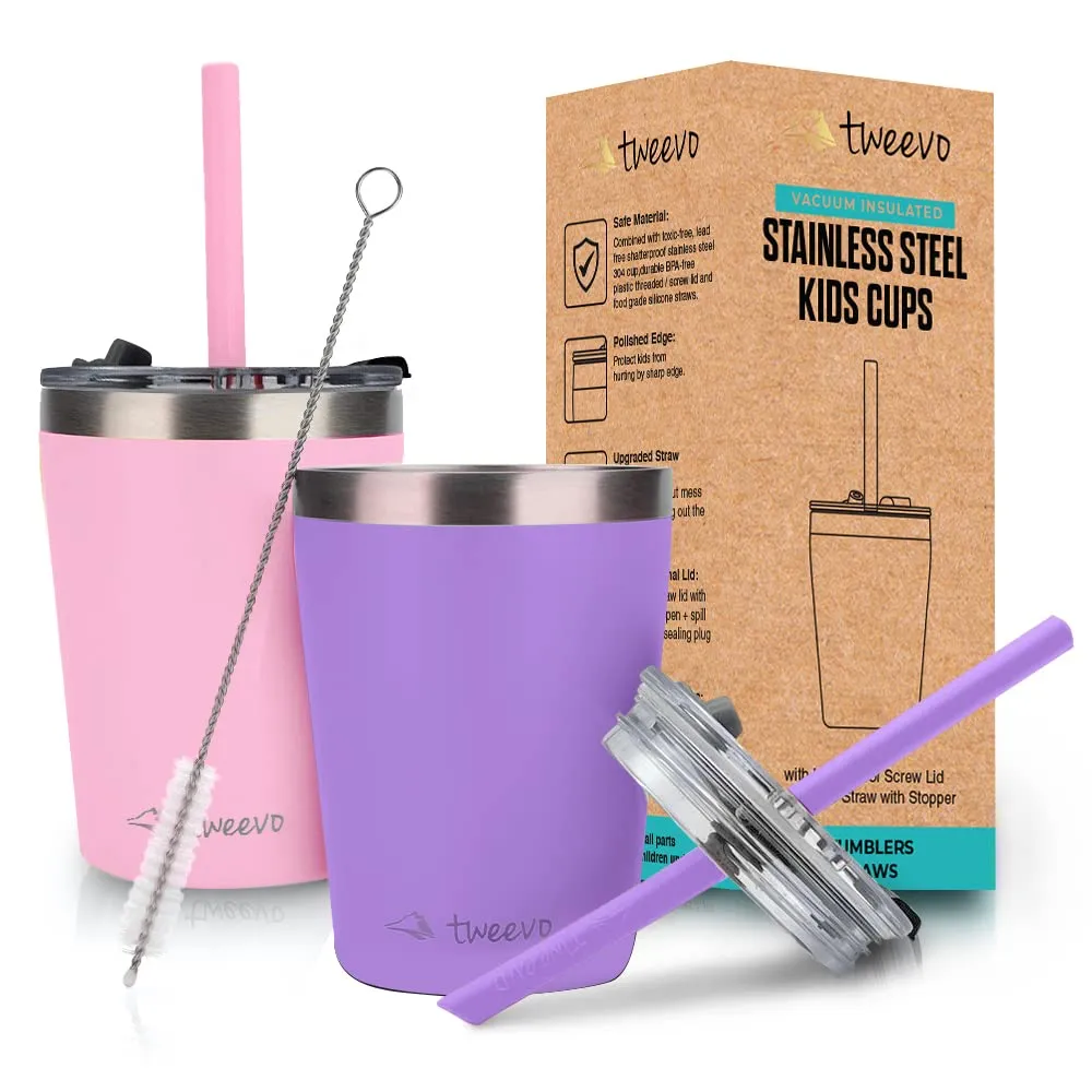 Sippy Cups For Toddlers 1-3 - Toddler Cups w/Screw Lids - Stainless Steel Kids Cups With Straws and Lids - 2 Pack (Pink & Purple, 8.5oz)
