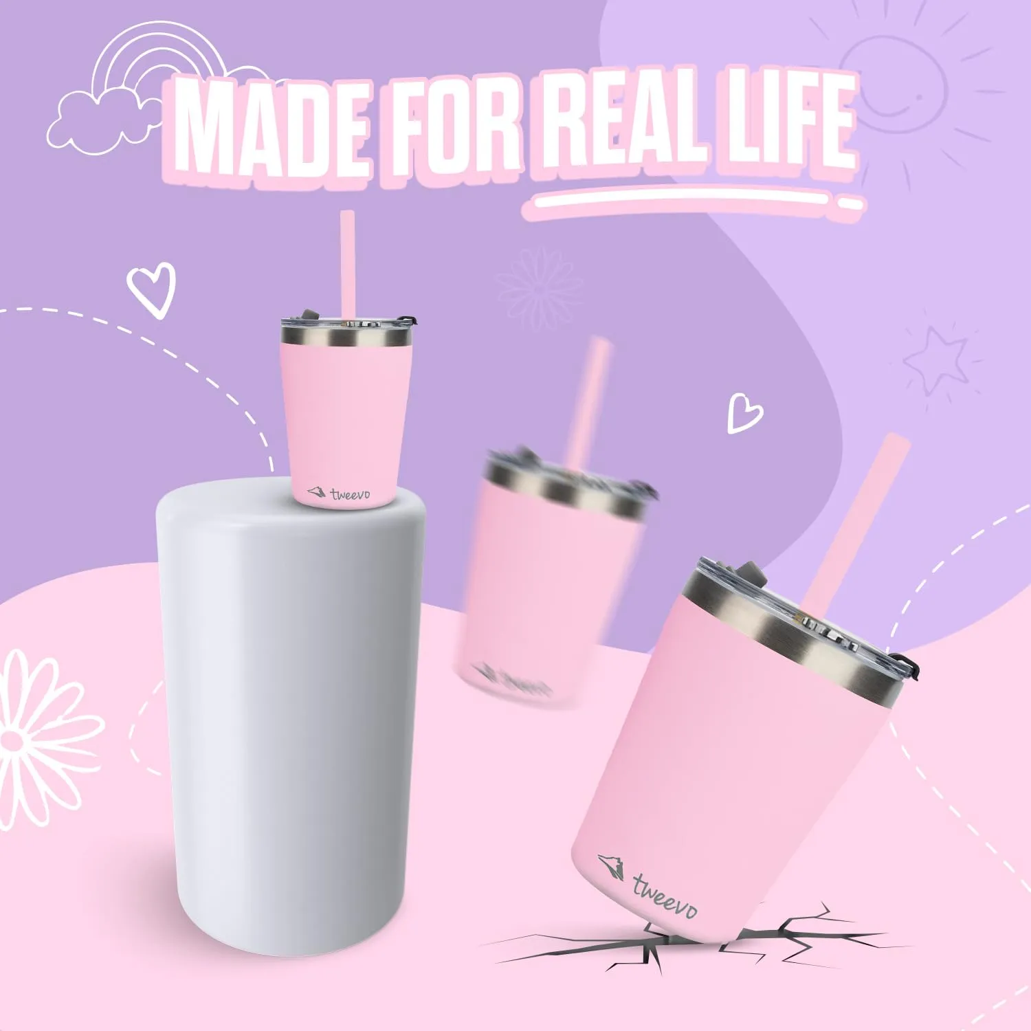 Sippy Cups For Toddlers 1-3 - Toddler Cups w/Screw Lids - Stainless Steel Kids Cups With Straws and Lids - 2 Pack (Pink & Purple, 8.5oz)