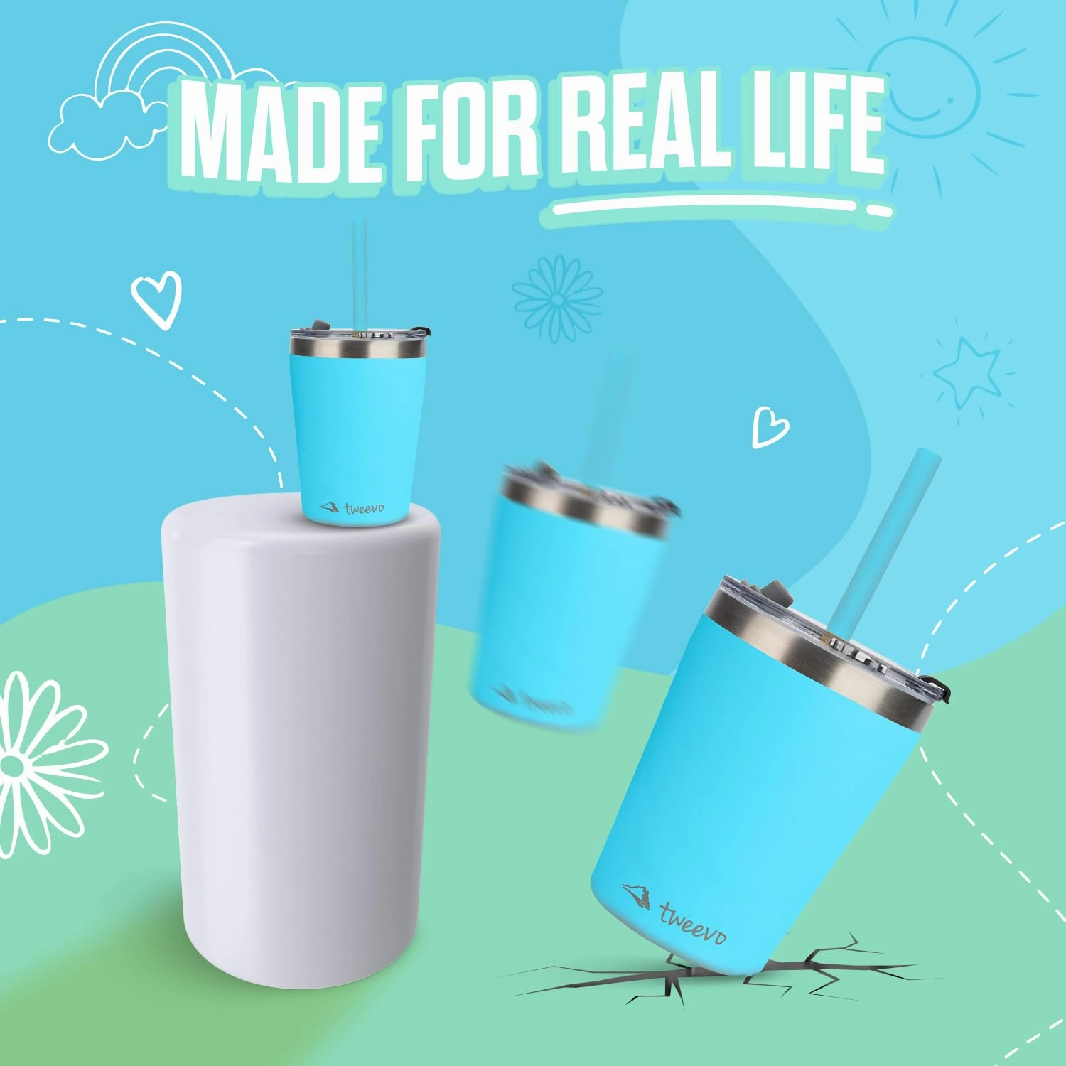 Sippy Cups For Toddlers 1-3 - Toddler Cups w/Screw Lids - Stainless Steel Kids Tumblers With Straws and Lids - 2 Pack (Blue & Green, 8.5oz)