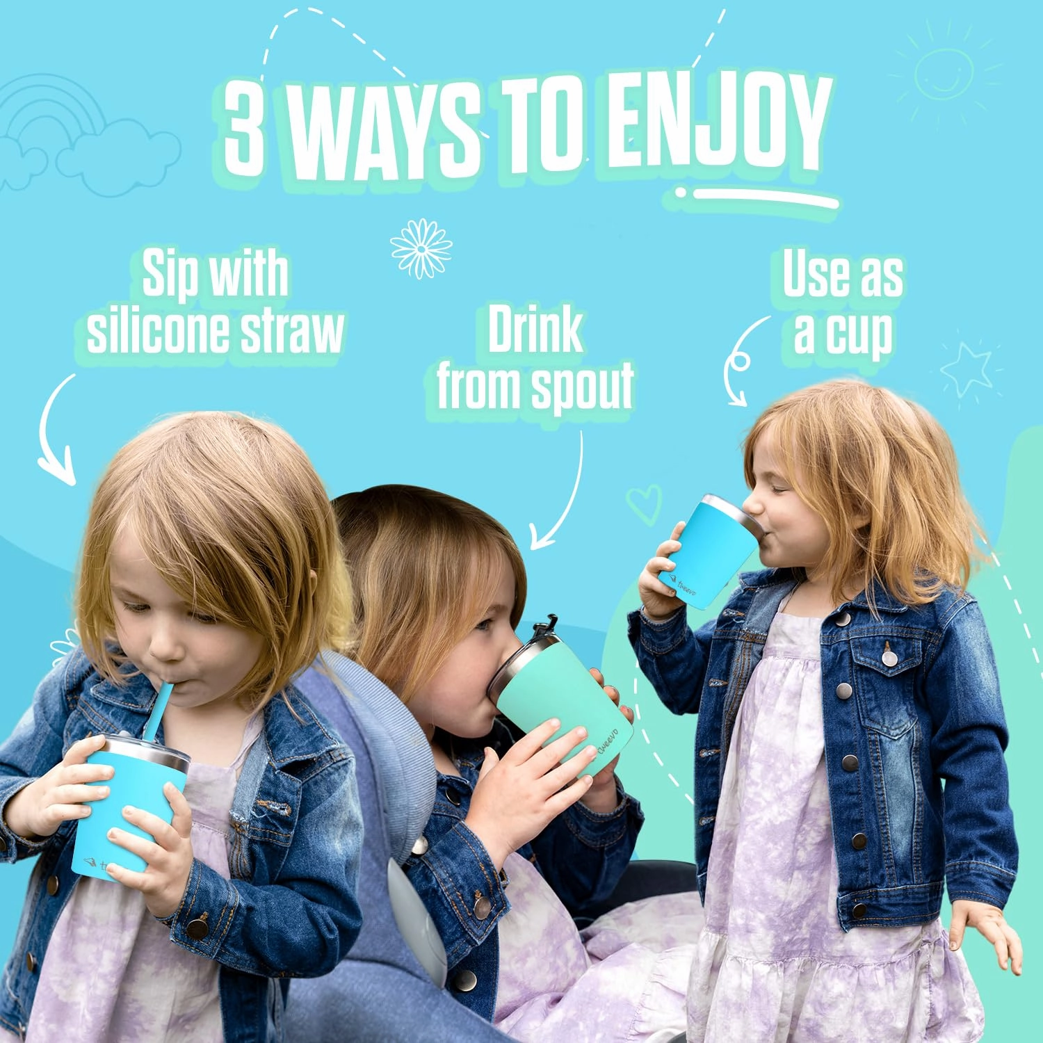 Sippy Cups For Toddlers 1-3 - Toddler Cups w/Screw Lids - Stainless Steel Kids Tumblers With Straws and Lids - 2 Pack (Blue & Green, 8.5oz)
