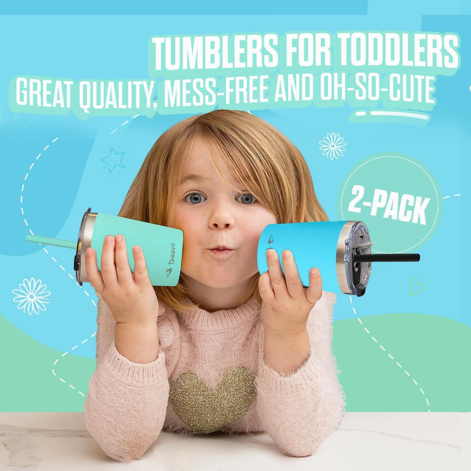 Sippy Cups For Toddlers 1-3 - Toddler Cups w/Screw Lids - Stainless Steel Kids Tumblers With Straws and Lids - 2 Pack (Blue & Green, 8.5oz)