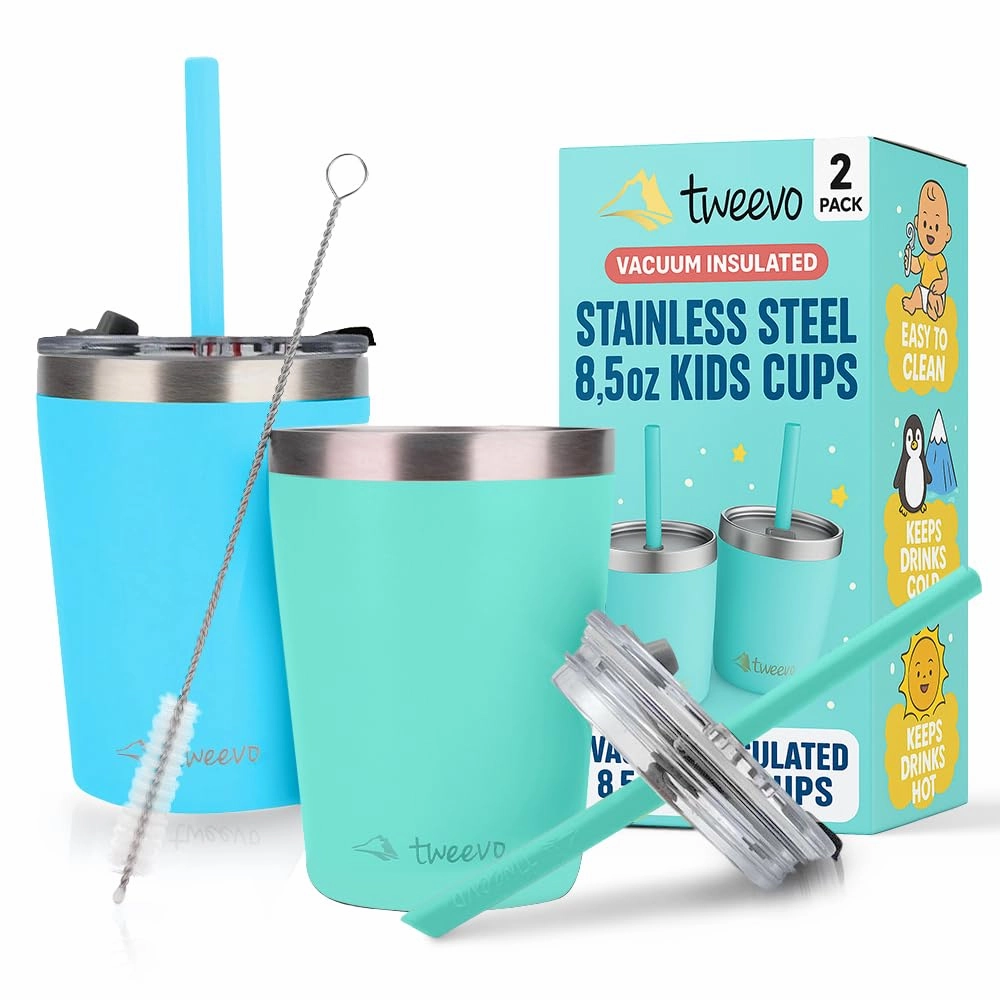 Sippy Cups For Toddlers 1-3 - Toddler Cups w/Screw Lids - Stainless Steel Kids Tumblers With Straws and Lids - 2 Pack (Blue & Green, 8.5oz)