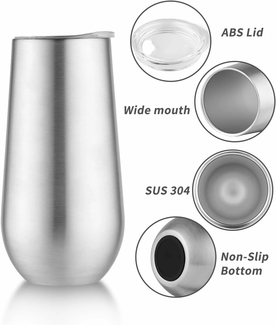 Sivaphe 2Pack Stemless Champagne Flutes Set with Lid Stainless Steel Insulated Vacuum Tumbler Cocktail Cups Reusable Wedding Toasting Method 6 Ounce Sliver