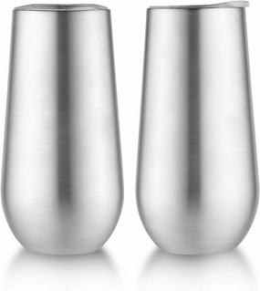 Sivaphe 2Pack Stemless Champagne Flutes Set with Lid Stainless Steel Insulated Vacuum Tumbler Cocktail Cups Reusable Wedding Toasting Method 6 Ounce Sliver